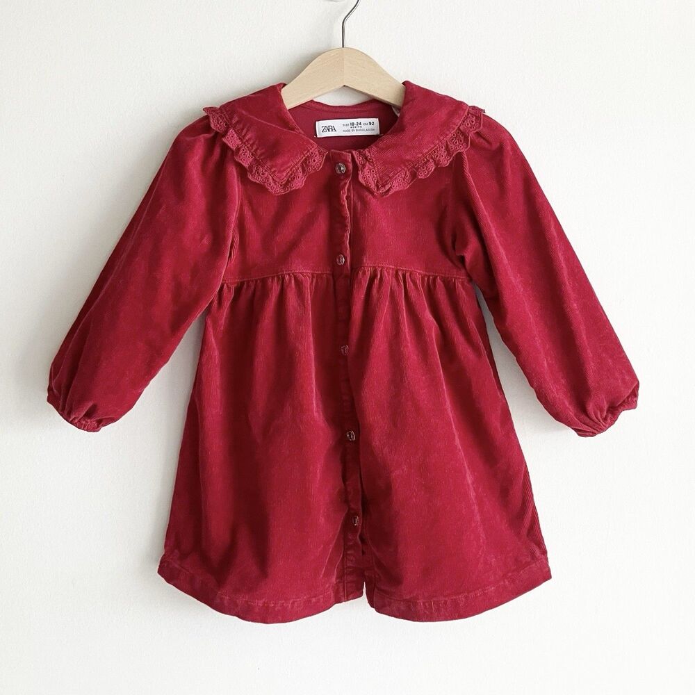 Zara Corduroy Dress Girls 18-24M Red Collar Snap Front Long Sleeve Holiday